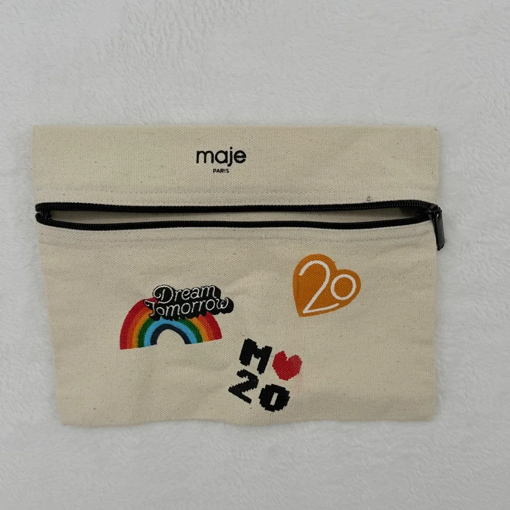 Maje Paris Canvas Zip Pouch - Embroidered Patches Chic French Designer Accessory
